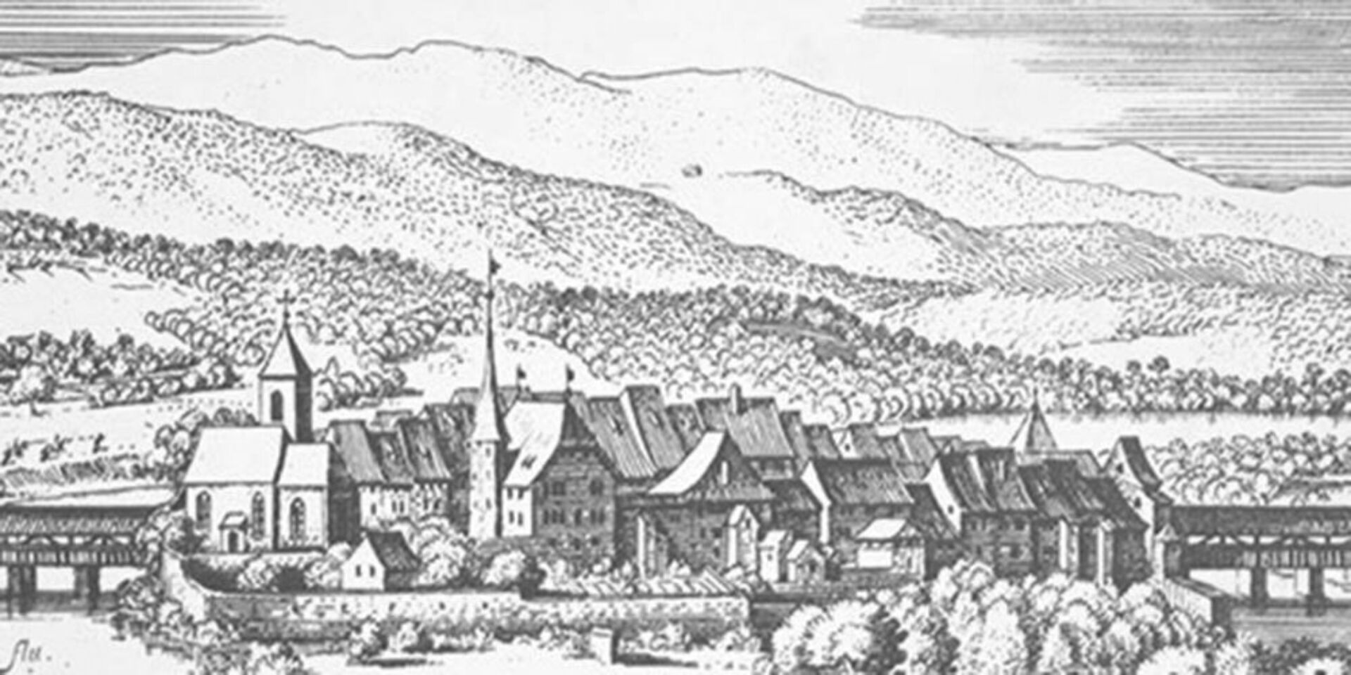 Staedtebauliche Studie Altstadt Aarberg Holzschnitt nach Merian 1642